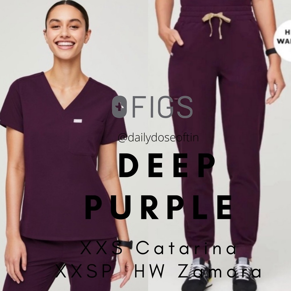 Figs Catarina scrub top XXS and High waisted Zamora XXSP pants in DEEP PURPLE